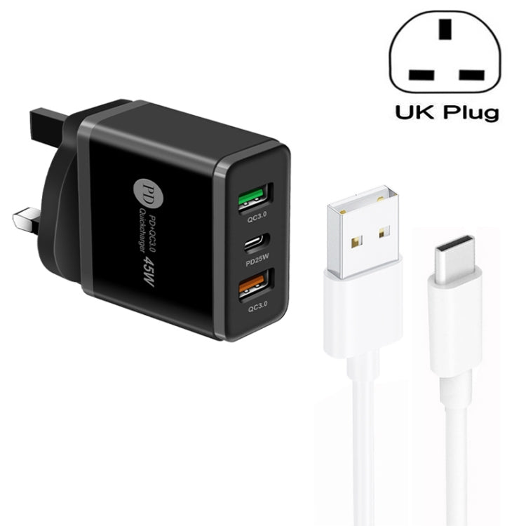 45W PD25W + 2 x QC3.0 Cargador USB multiPuerto con Cable USB a Tipo C Enchufe para Reino Unido (Negro)