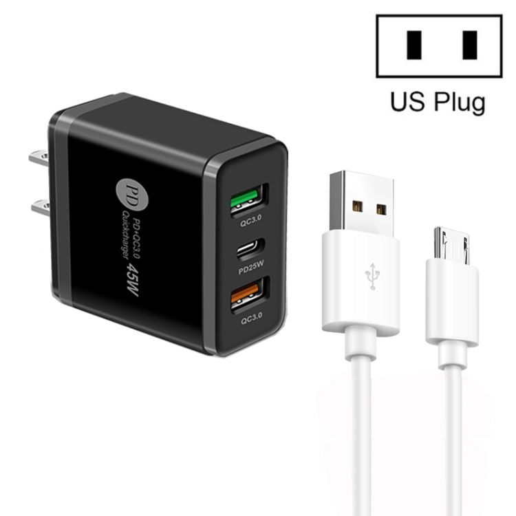 45W PD25W + 2 x QC3.0 USB Multi-Port Charger with USB to Micro USB Cable US Plug (Black)