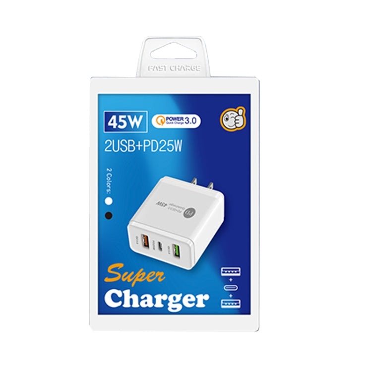 45W PD25W + 2 x QC3.0 Multi-Port USB Charger with USB to Micro USB Cable US Plug (White)