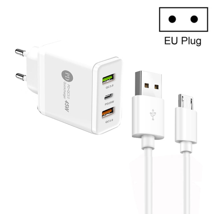 45W PD25W + 2 x chargeur USB multi-ports QC3.0 avec câble USB vers micro USB prise UE (blanc)