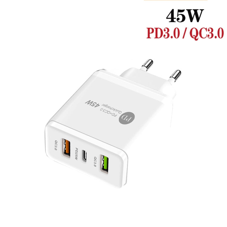 45W PD25W + 2 x QC3.0 Cargador USB multiPuerto con Cable USB a Micro USB Enchufe de la UE (Blanco)