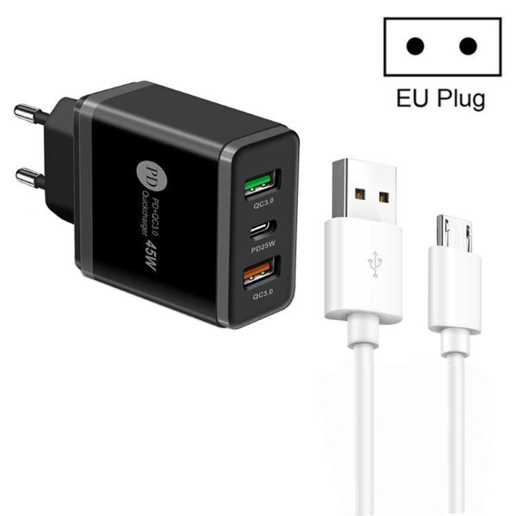 45W PD25W + 2 x QC3.0 Multi-Port USB Charger with USB to Micro USB Cable EU Plug (Black)