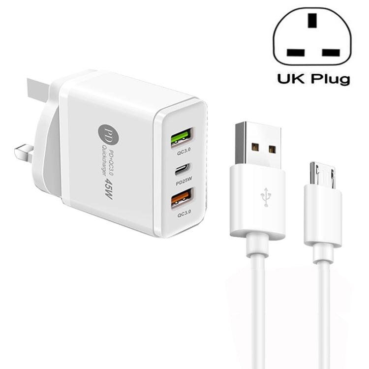 45W PD25W + 2 x chargeur USB multi-ports QC3.0 avec câble USB vers micro USB prise britannique (blanc)