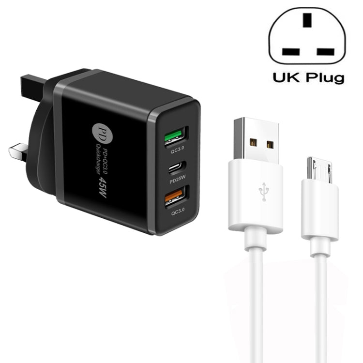 45W PD25W + 2 x chargeur USB multi-ports QC3.0 avec câble USB vers micro USB prise britannique (noir)