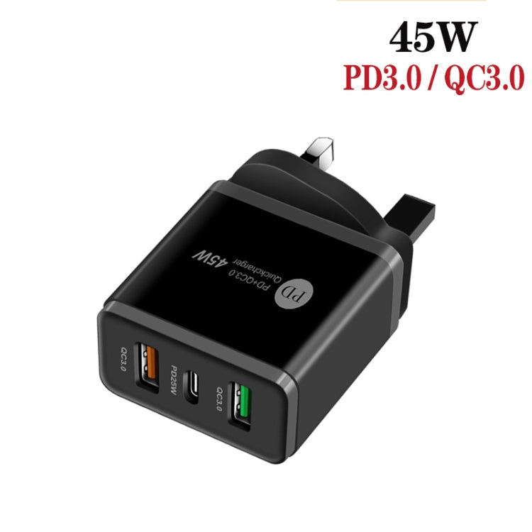 45W PD25W + 2 x chargeur USB multi-ports QC3.0 avec câble USB vers micro USB prise britannique (noir)