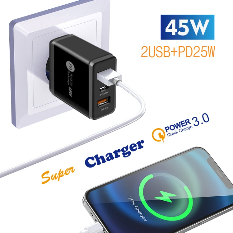 45W PD25W + 2 x QC3.0 Multi-Port USB Charger with USB to Micro USB Cable UK Plug (Black)
