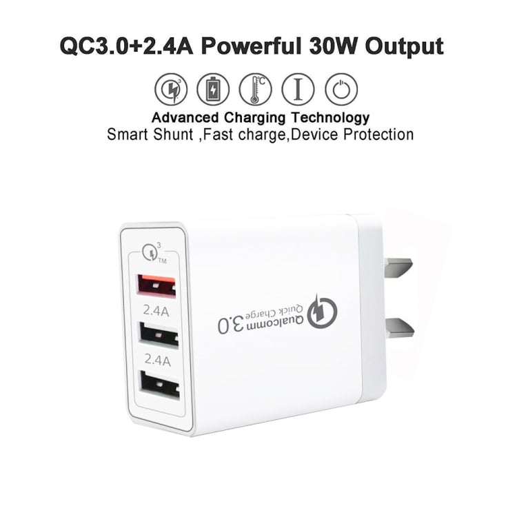 30W QC 3.0 USB + 2 x USB 2.0 Ports Mobile Phone Tablet Fast Charger AU Plug