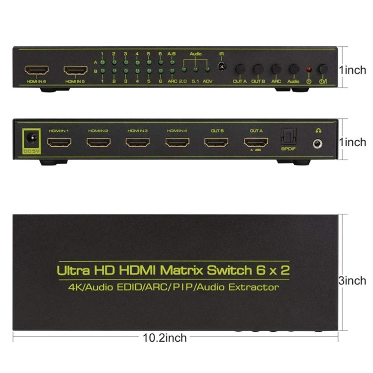 Matriz HDMI Ultra HD 4K * 2K 6x2 con salida de sonido estéreo HIFI Conmutador SPDIF HDMI