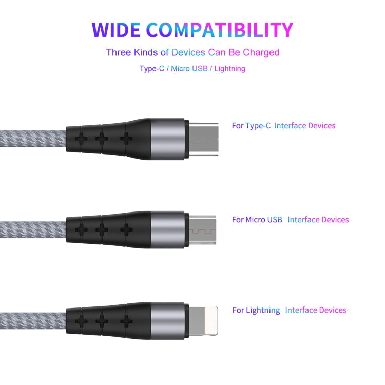 ENKAY ENK-CB400 3 en 1 2,4 A USB vers 8 broches + Micro USB + USB-C / Type-C Mini portable Tissu Texture Cordon rond Longueur du câble de charge : 14 cm (Noir)