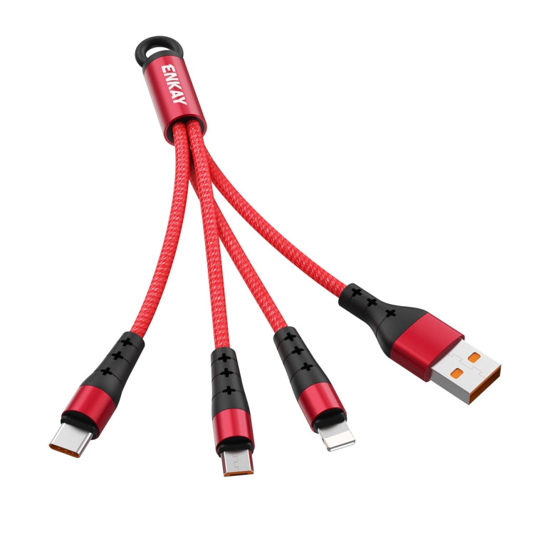 ENKAY ENK-CB400 3 in 1 2.4A USB to 8-Pin + Micro USB + USB-C / Type-C Mini Portable Cloth Texture Round Cord Charging Cable Length: 14cm (Red)