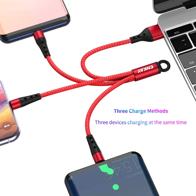 ENKAY ENK-CB400 3 en 1 2.4A USB a 8 Pines + Micro USB + USB-C / Type-C Mini Cable de Carga de Cable redondo con textura de tela Portátil Longitud: 14 cm (Rojo)