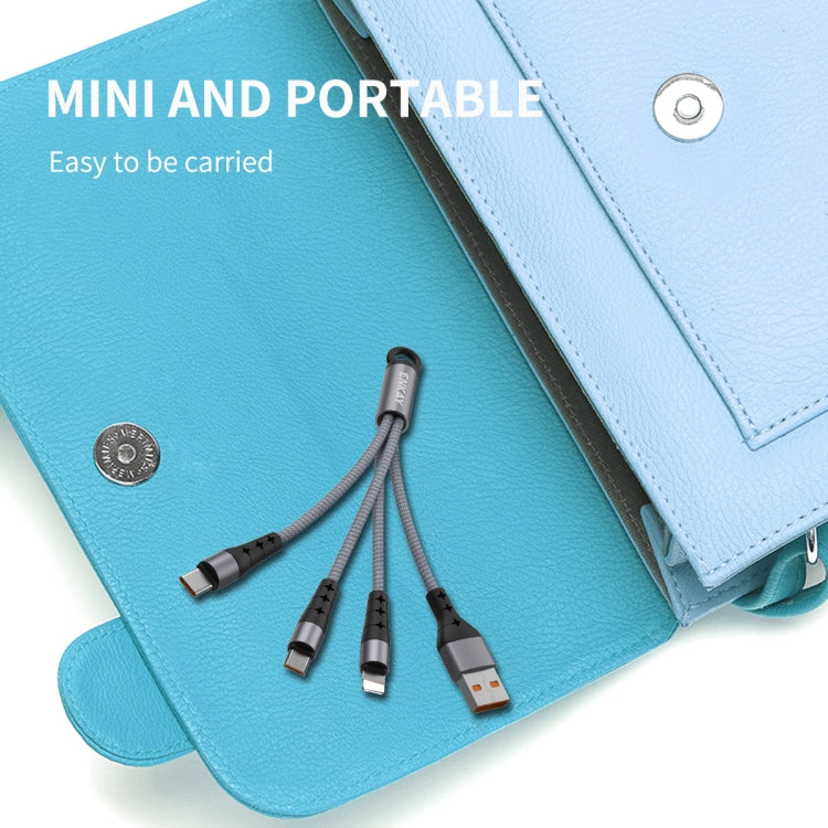 ENKAY ENK-CB400 3 en 1 2.4A USB a 8 Pines + Micro USB + USB-C / Type-C Mini Cable de Carga de Cable redondo con textura de tela Portátil Longitud: 14 cm (Azul)
