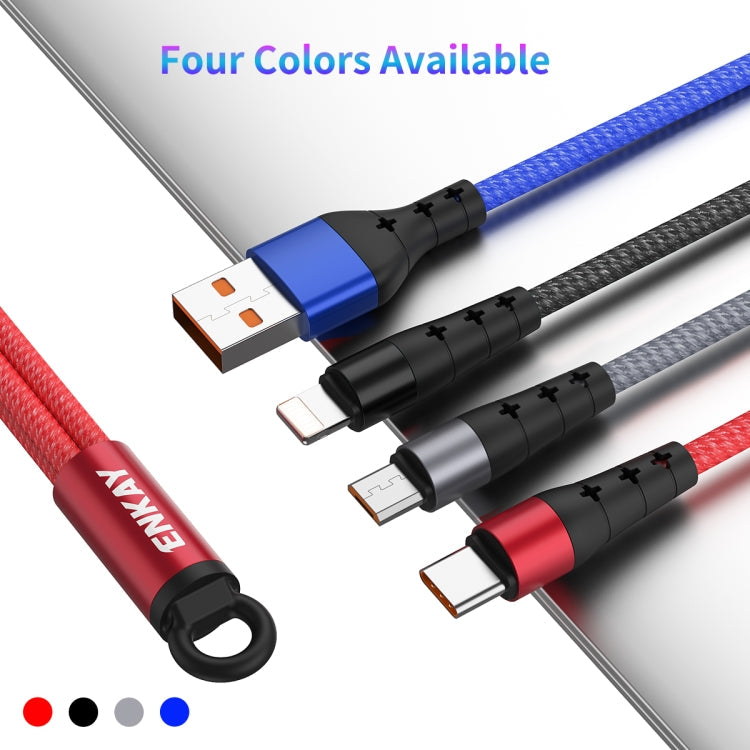 ENKAY ENK-CB400 3 en 1 2.4A USB a 8 Pines + Micro USB + USB-C / Type-C Mini Cable de Carga de Cable redondo con textura de tela Portátil longitud: 14 cm (Gris)