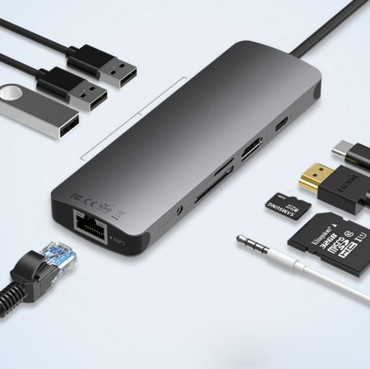 Mirascreen TC18 9 en 1 USB-C / Type-C a USB 3.0+ Puerto Gigabit Ethernet + Ranura Para Tarjeta HDMI + TF + Ranura Para Tarjeta SD + Interfaz de Audio + Interfaz de Carga USB-C / Tipo-C Estación de aco ... Convertidor HUB Para computadora Portátil Macbook