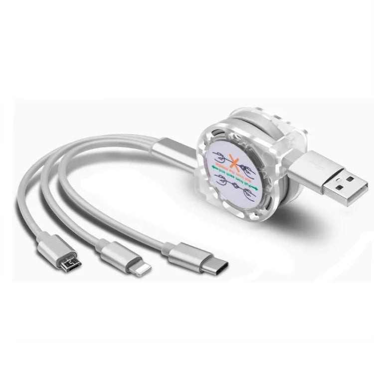 2 PCS ZZ034 USB auf 8 PIN + USB-C / Type-C + Micro USB 3 in 1 Schnellladekabel Stil: einziehbares Silber