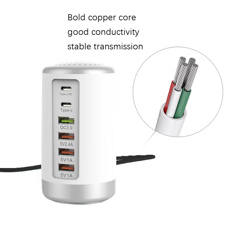 4 x USB + 2 x Type-C Cylindre Multifonction Chargeur 65W US Plug (Blanc)