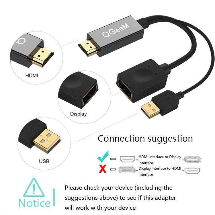 QGEEM QG-HD01 Adaptateur HDMI vers DP avec port USB (Noir)