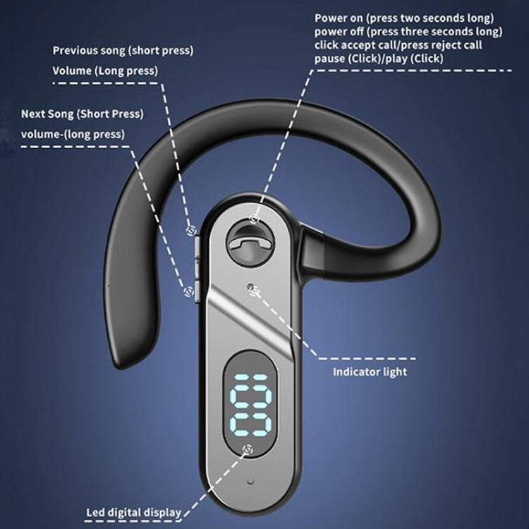 V28 Bluetooth Auriculares colgando EAR Digital Pantalla de un solo Oreja Control de voz Auricular (Negro)