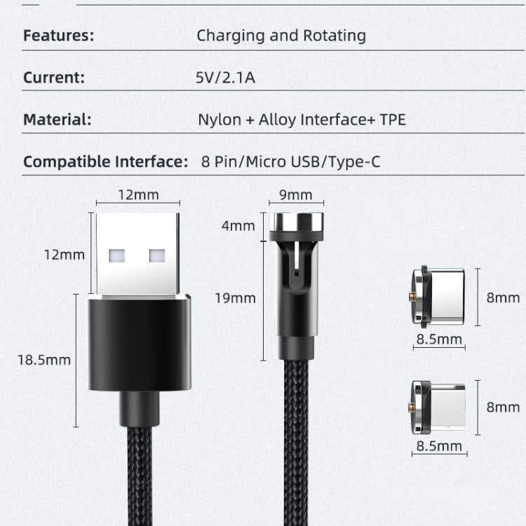 Micro USB Interface magnétique Bouchon anti-poussière Câble de chargement de données rotatif CC56 Longueur du câble : 1 m (noir)
