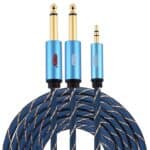 Conector Auxiliar Emk Macho 3,5 mm a 2 Macho 6,35 mm Chapado en Oro Cable Trenzado de Nailon 5 m (Azul Oscuro)