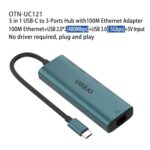 Hub USB 3.0 5 en 1 Onten UC121 USB-C / Type-C con Entrada 5 V y Tarjeta de Red 100 Mbps - Imagen 2