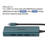 Hub USB 3.0 5 en 1 Onten UC121 USB-C / Type-C con Entrada 5 V y Tarjeta de Red 100 Mbps - Imagen 4