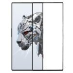 Teléfono móvil con diseño de león robótico futurista y pantalla plegable.