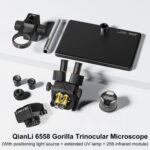 Microscopio trinocular QianLi 6558 (6.5X-58X) con fuente de luz y lámpara UV y módulo IR 256 (Enchufe US)