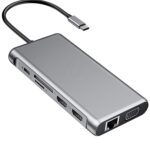 Hub Estación de Acoplamiento 12 en 1 Tipo-C USB-C con HDMI x2, USB 3.0, USB 2.0, Carga PD, VGA, RJ45, Jack 3,5mm, TF/SD x2 (Gris Oscuro)