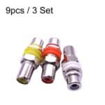 9 Unidades 3 Pares RCA Hembra a Hembra Cabeza Recta Adaptador Extensión Audio y Video AV Lotus Butt Joint