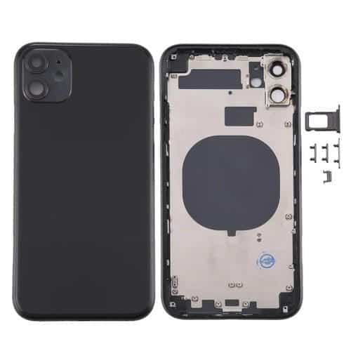 Cubierta Carcasa Trasera para Apple iPhone 11 con Bandeja Tarjeta SIM Teclas Laterales Lente Cámara (Negro)