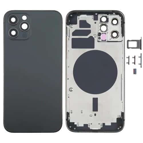 Cubierta Carcasa Trasera para Apple iPhone 12 Pro con Bandeja SIM, Teclas Laterales y Lente Cámara (Negro)