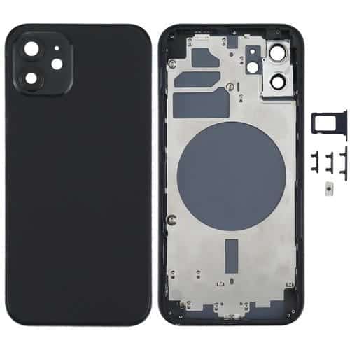 Cubierta de Carcasa Trasera para Apple iPhone 12 con Bandeja Tarjeta SIM, Teclas Laterales y Lente de Cámara (Negro)